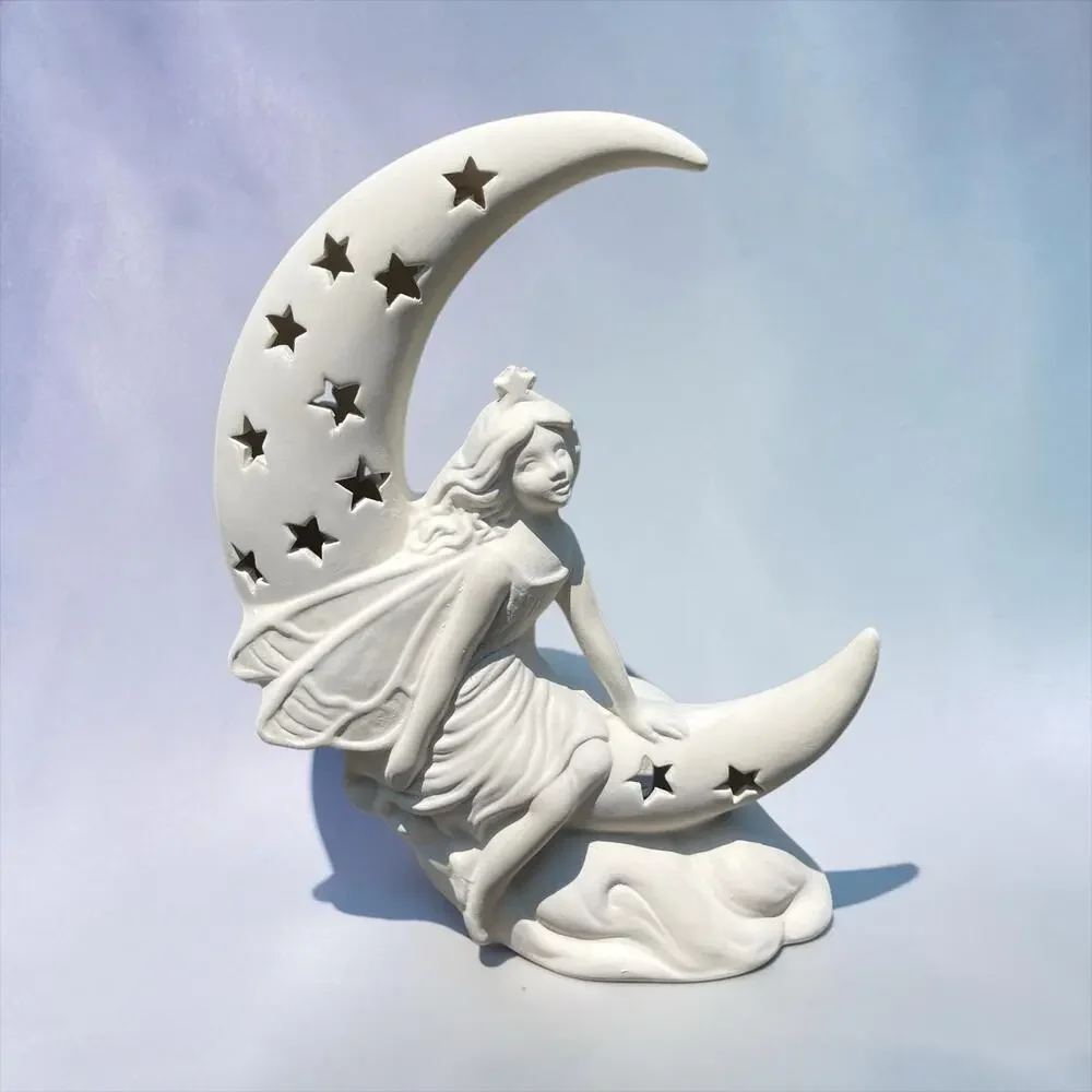Unfinished Bisque Ceramic Fairy Moon Star Tea Light Holder Paint Your Own 8”